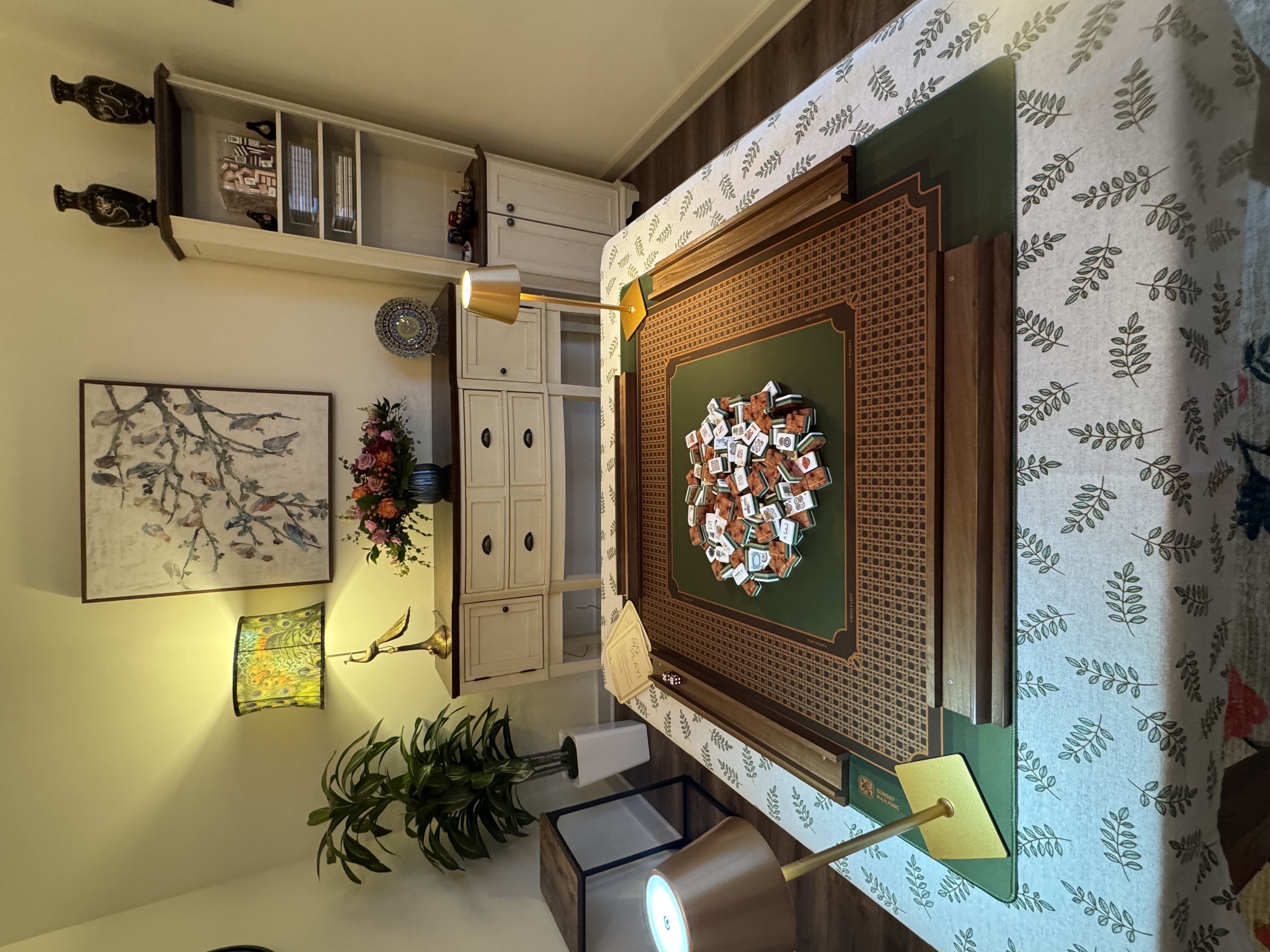 Heritage tiles with Sunday Mahjong Rattan mat and Walnut racks